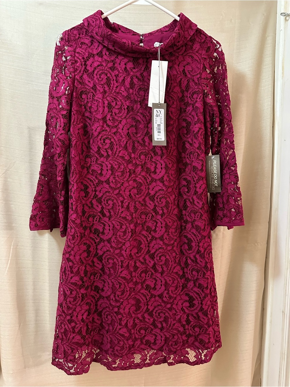 Eva Mendes Magenta Lace Fit Flare Dress Bell Sleeve Bow Back Small NWT